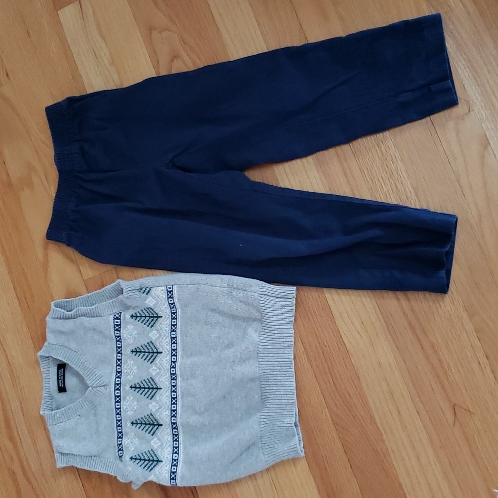 3-piece set, sweater vest w/collared shirt, pull-on navy pants w/elastic waist